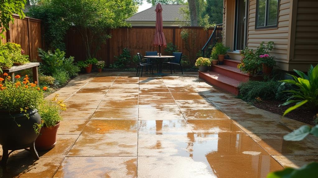 A backyard patio with a table and chairs.