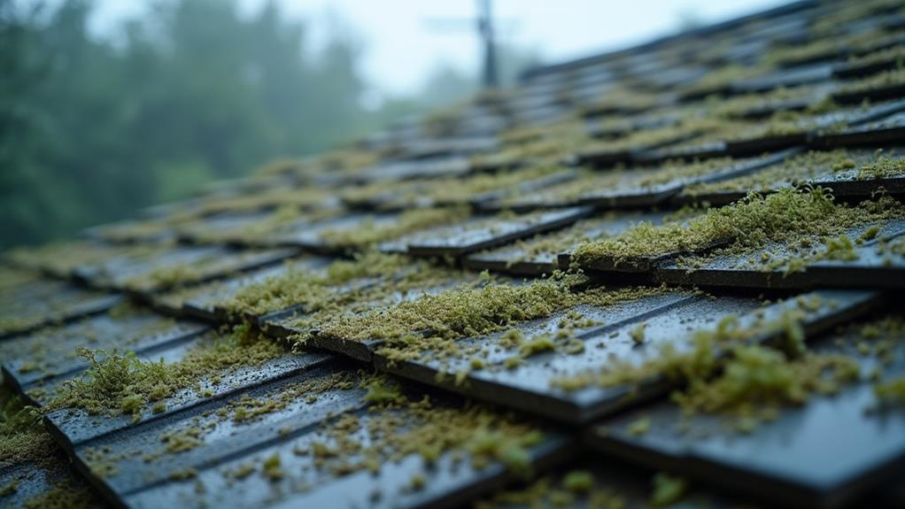 A close-up of a roof covered in moss and other organic matter.