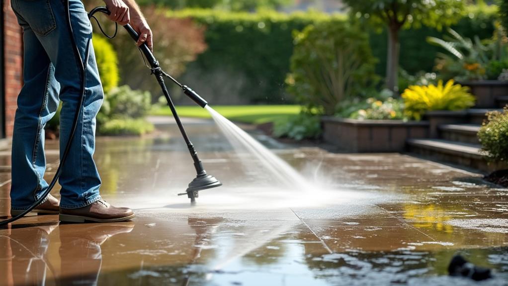 A person using a pressure washer to clean a patio.