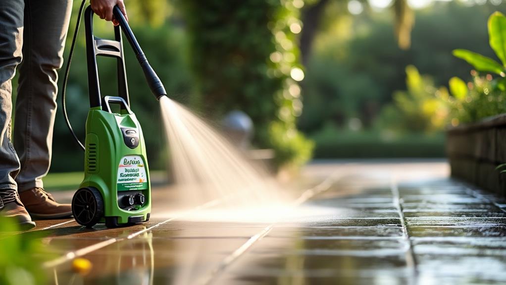 A person using a pressure washer to clean a patio.