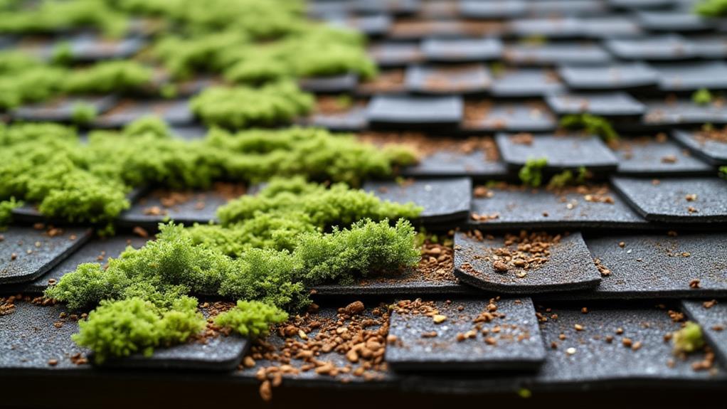 A roof covered in moss and other organic matter