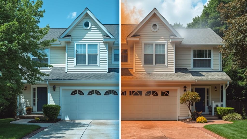 A before-and-after image comparing the effects of power washing and soft washing on a house.