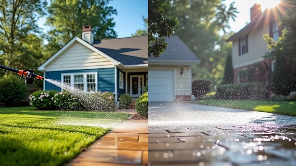 A side-by-side comparison of power washing and soft washing, demonstrating the difference in cleaning techniques and results.