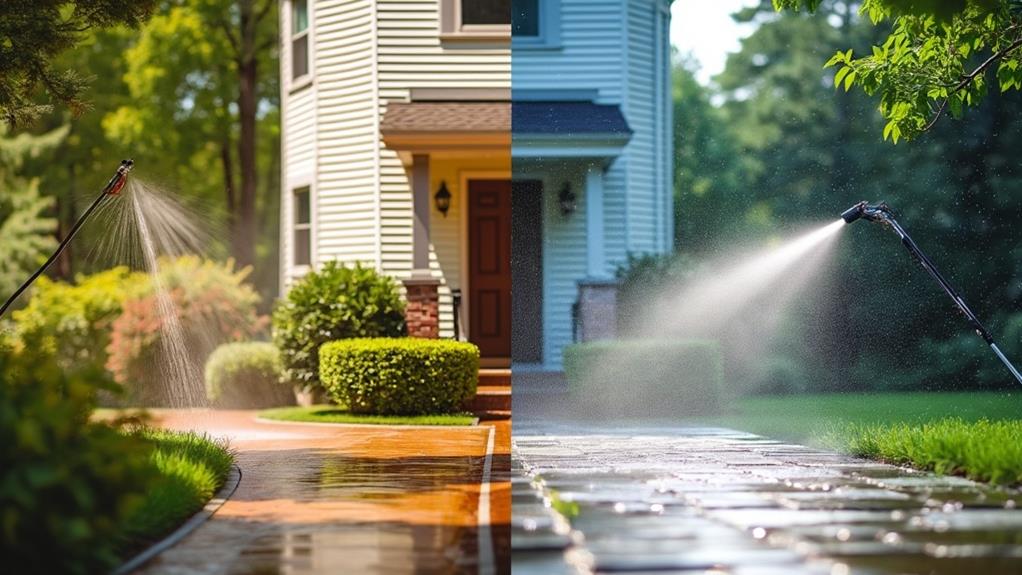 A side-by-side comparison of power washing and soft washing, demonstrating the difference in cleaning techniques and results.